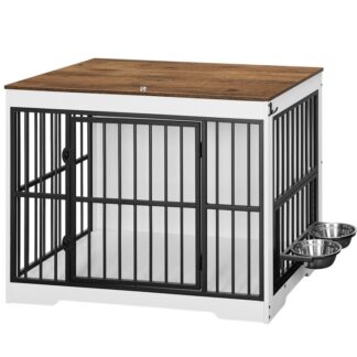 أثاث قفص الكلاب الثقيل, 37.8'' خشبي الكلاب الداخلية مع 360 & وحدة تغذية قابلة للتعديل أطباق الكلاب, طاولة نهاية البيت الأليفة الزخرفية للكلاب المتوسطة الكبيرة, الجوز والأبيض