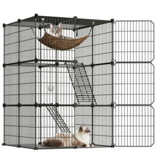 قفص كبير للقطط, 3-حاويات داخلية للقطط, بيت للقطط مصنوع من سلك معدني قابل للفصل مع أرجوحة وكرات معلقة, ل 1-2 القطط, سهولة التجميع, أسود