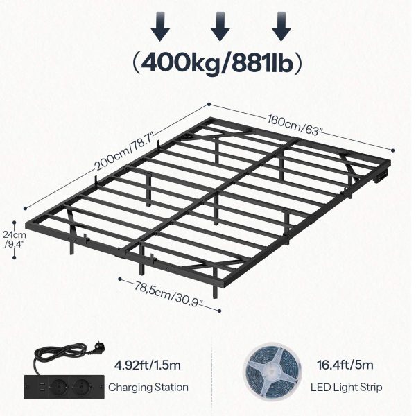 160×200cm Metal Double Bed Frame with LED Lighting and Charging Station, Quiet Stable Guest Bed for Bedroom & Гостевая комната, Легкая сборка, Черный