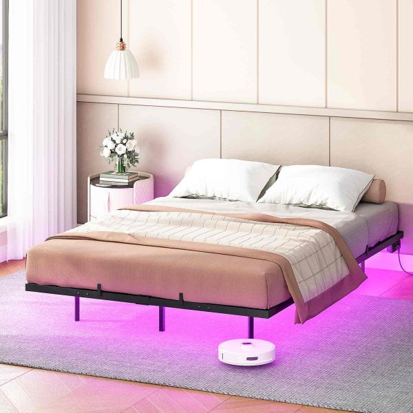 160×200cm Metal Double Bed Frame with LED Lighting and Charging Station, Quiet Stable Guest Bed for Bedroom & Гостевая комната, Легкая сборка, Черный