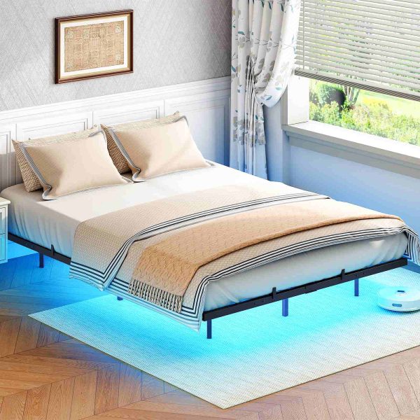 160×200cm Metal Double Bed Frame with LED Lighting and Charging Station, Quiet Stable Guest Bed for Bedroom & Гостевая комната, Легкая сборка, Черный