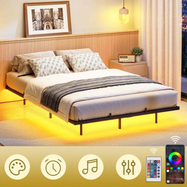 160×200cm Metal Double Bed Frame with LED Lighting and Charging Station, Quiet Stable Guest Bed for Bedroom & Гостевая комната, Легкая сборка, Черный