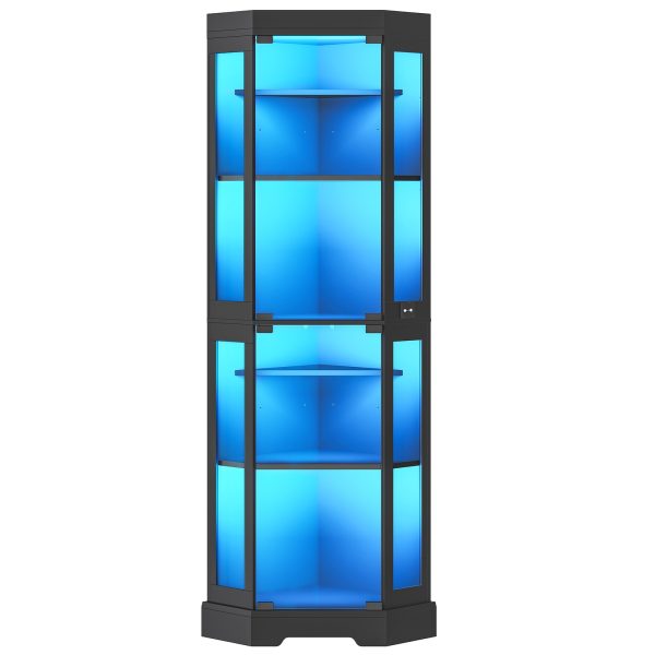 Corner Display Cabinet with Glass Doors, 3-Color LED Light Storage Cabinet with Adjustable Shelves, Multi-Functional Bookcase for Living Room, Hallway, Bedroom, Black