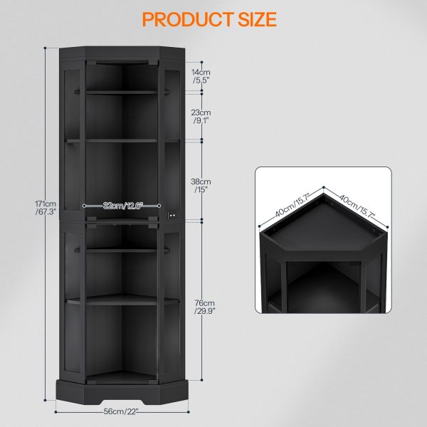 Corner Display Cabinet with Glass Doors, 3-Color LED Light Storage Cabinet with Adjustable Shelves, Multi-Functional Bookcase for Living Room, Hallway, Bedroom, Black