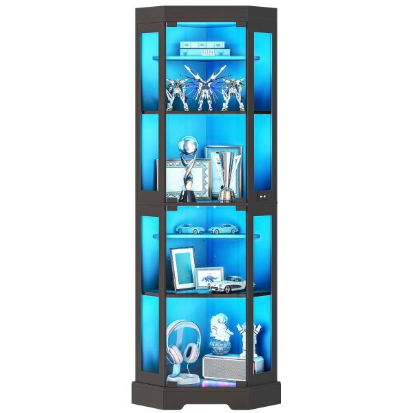 Corner Display Cabinet with Glass Doors, 3-Color LED Light Storage Cabinet with Adjustable Shelves, Multi-Functional Bookcase for Living Room, Hallway, Bedroom, Black