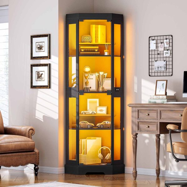 Corner Display Cabinet with Glass Doors, 3-Color LED Light Storage Cabinet with Adjustable Shelves, Multi-Functional Bookcase for Living Room, Hallway, Bedroom, Black