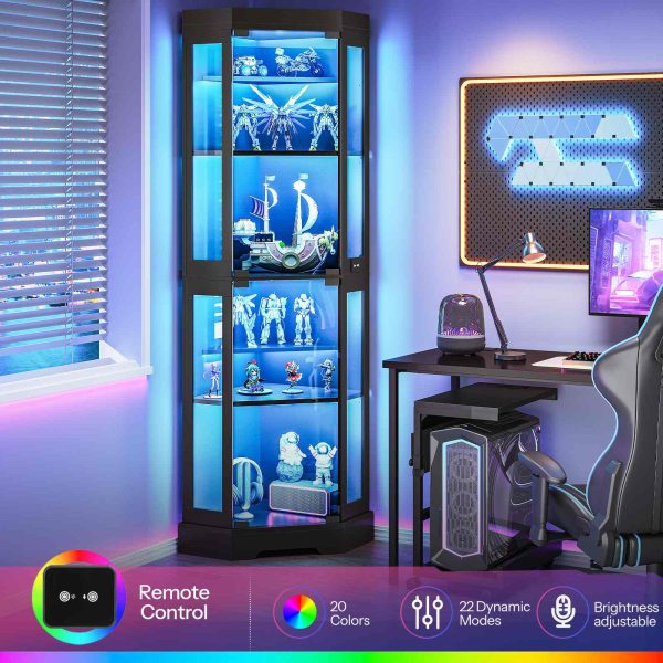 Corner Display Cabinet with Glass Doors, 3-Color LED Light Storage Cabinet with Adjustable Shelves, Multi-Functional Bookcase for Living Room, Hallway, Bedroom, Black