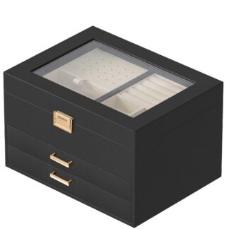 صندوق المجوهرات مع غطاء زجاجي, 4 صندوق تنظيم المجوهرات ذو الطبقات, منظم حامل المجوهرات, حالة المجوهرات للقرط, جرس, قلادة, الأساور, هدية للأحباء, أسود