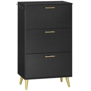 shoe cabinet, shoe storage cabinet for entryway, hidden tipping bucket shoe cabinet with 3 flip drawers, shoe rack organizer cabinet with coat hooks, for entryway, closet, black