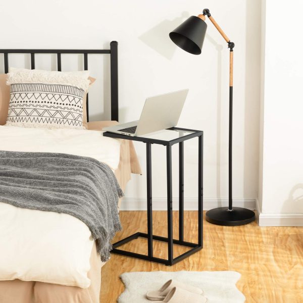 Βοηθητικό τραπέζι από μαύρο tempered Glass σε σχήμα C, Τραπέζι σνακ σε μοντέρνο στυλ με μεταλλικό σκελετό, Δίσκος τηλεόρασης που εξοικονομεί χώρο για μικρές περιοχές, Καναπές, Καναπές και κρεβάτι