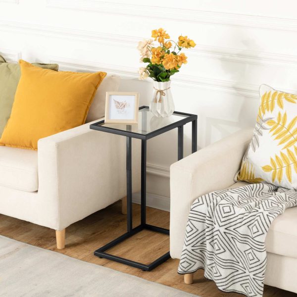 Βοηθητικό τραπέζι από μαύρο tempered Glass σε σχήμα C, Τραπέζι σνακ σε μοντέρνο στυλ με μεταλλικό σκελετό, Δίσκος τηλεόρασης που εξοικονομεί χώρο για μικρές περιοχές, Καναπές, Καναπές και κρεβάτι