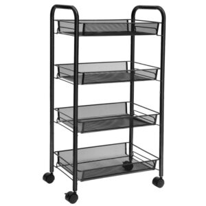 rolling cart, 4-tier mesh wire storage utility cart, multifunction cart with 4 adjustable wire baskets and lockable wheels, easy to assemble, for home, kitchen, office, black