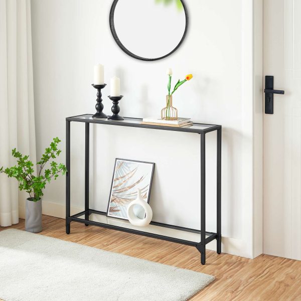100cm Console Table, Tempered Glass Sofa Table, Modern Entryway Narrow Couch Table, Metal Frame with Adjustable Feet, Easy Assembly, Suitable for Foyer, Living Room, Hallway, Black
