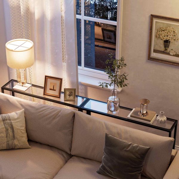 100cm Console Table, Tempered Glass Sofa Table, Modern Entryway Narrow Couch Table, Metal Frame with Adjustable Feet, Easy Assembly, Suitable for Foyer, Living Room, Hallway, Black