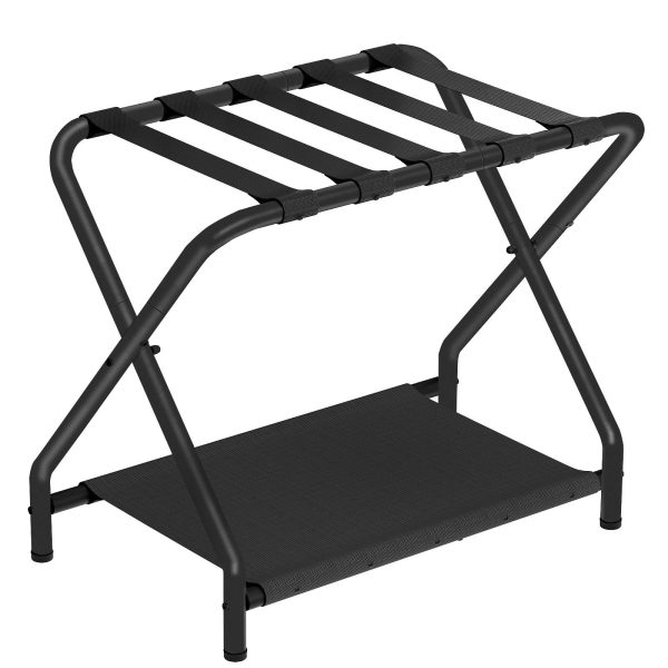 Black Folding Luggage Rack with Fabric Storage Shelf, Space-Saving Metal Suitcase Stand, مناسبة لغرفة الضيوف, Bedroom and Hotel