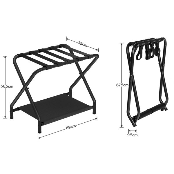 Black Folding Luggage Rack with Fabric Storage Shelf, Space-Saving Metal Suitcase Stand, مناسبة لغرفة الضيوف, Bedroom and Hotel