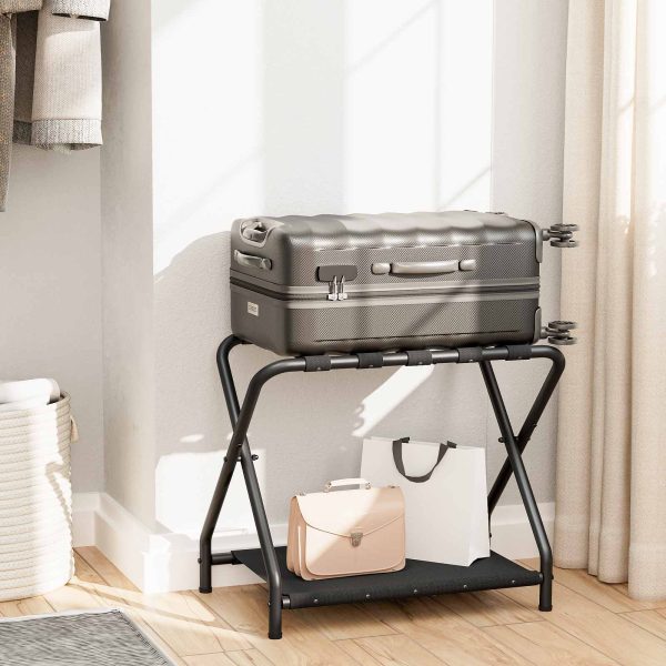 Black Folding Luggage Rack with Fabric Storage Shelf, Space-Saving Metal Suitcase Stand, مناسبة لغرفة الضيوف, Bedroom and Hotel