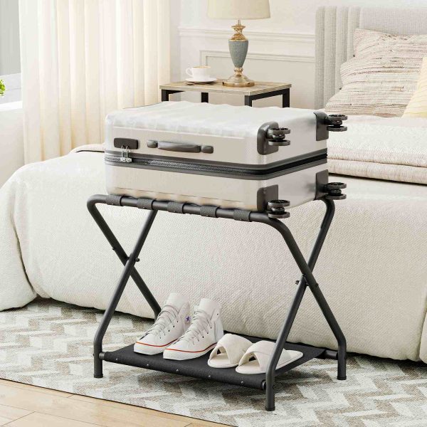 Black Folding Luggage Rack with Fabric Storage Shelf, Space-Saving Metal Suitcase Stand, مناسبة لغرفة الضيوف, Bedroom and Hotel