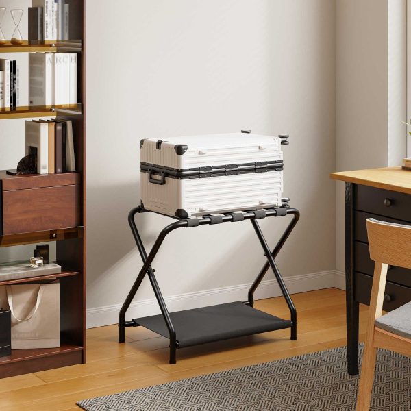 Black Folding Luggage Rack with Fabric Storage Shelf, Space-Saving Metal Suitcase Stand, مناسبة لغرفة الضيوف, Bedroom and Hotel