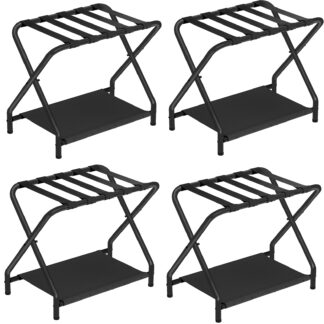 Gepäckständer Set von 4, Klapper Kofferstand für Gästezimmer, Schlafzimmer, Hotel, Metallgepäckhalter mit Stoffspeicherregal, 27 x 15.3 X 22 Zoll, platzsparend, Schwarz