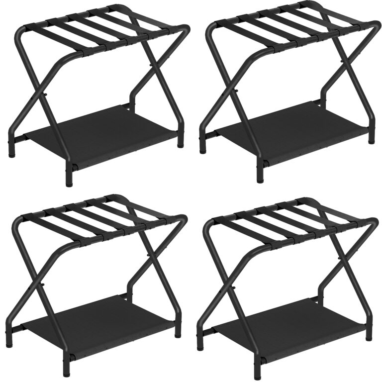 Gepäckständer Set von 4, Klapper Kofferstand für Gästezimmer, Schlafzimmer, Hotel, Metallgepäckhalter mit Stoffspeicherregal, 27 x 15.3 X 22 Zoll, platzsparend, Schwarz