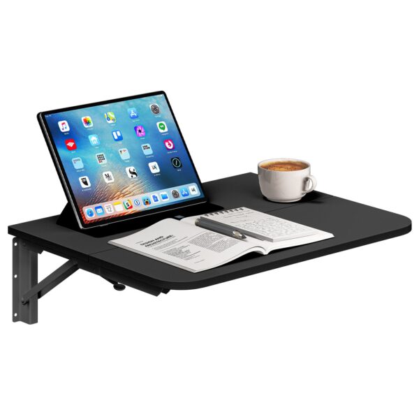 HOOBRO Black Floating Folding Desk with Iron Bracket - Wall-Mounted Drop Leaf Table for Small Spaces, Kitchen, Laundry Room & Office
