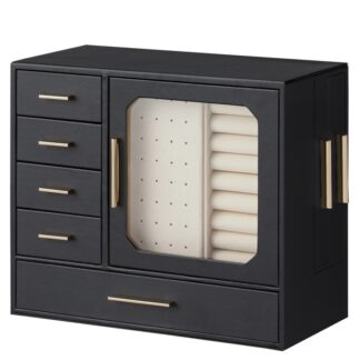 Pudełko biżuterii ze szklanym oknem, Pudełko na biżuterię o dużej pojemności, Pudełko do przechowywania biżuterii, 5 Warstwowy organizer na biżuterię, Nowoczesny styl, Prezent świąteczny, Czarne i jasne złoto