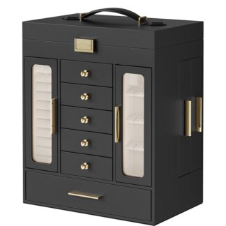 Pudełko na biżuterię, Pudełko z organizerem na biżuterię, Górna pokrywa z lusterkiem, Wyjmowane szuflady, 10.2" L x 6,5" W x 12,6" H, Prezent świąteczny, dla siebie lub swoich bliskich, Czarny