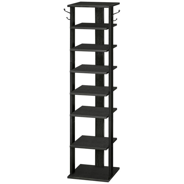 Black 8-Tier Vertical Shoe Rack, Narrow Slim Shelf with 2 Utility Hooks, Space-Optimized for Small Areas, Sturdy Bearing, Fit for Entryway, Living Room, Bedroom