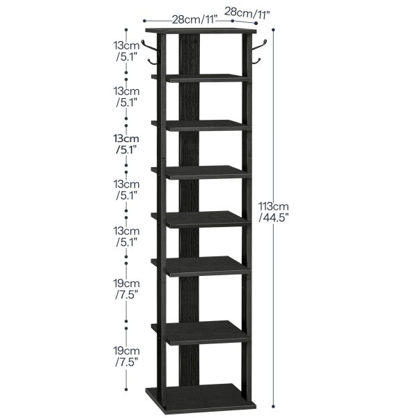 Black 8-Tier Vertical Shoe Rack, Narrow Slim Shelf with 2 Utility Hooks, Space-Optimized for Small Areas, Sturdy Bearing, Fit for Entryway, Living Room, Bedroom
