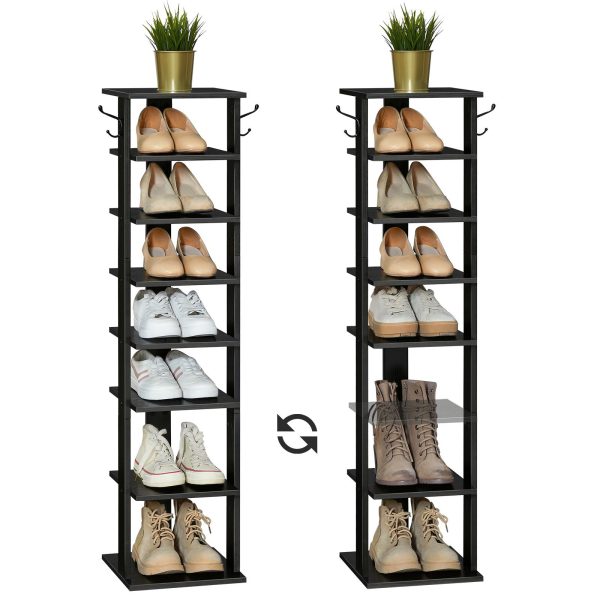 Black 8-Tier Vertical Shoe Rack, Narrow Slim Shelf with 2 Utility Hooks, Space-Optimized for Small Areas, Sturdy Bearing, Fit for Entryway, Living Room, Bedroom