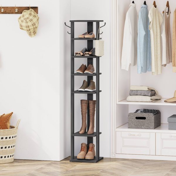 Black 8-Tier Vertical Shoe Rack, Narrow Slim Shelf with 2 Utility Hooks, Space-Optimized for Small Areas, Sturdy Bearing, Fit for Entryway, Living Room, Bedroom