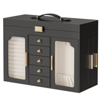 Biżuteria z lustrem, Pudełko na biżuterię o dużej pojemności, Pudełko do przechowywania biżuterii, Szklane okno, Wyjmowane szuflady, Mother's Day Gift, dla siebie lub swoich bliskich, Czarny