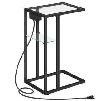 C-образный столик с зарядной станцией, Приставной столик для дивана из закаленного стекла с металлическим каркасом, Стол для закусок C для небольших помещений, Гостиная, Спальня, Общежитие, Современный Стиль, Черный