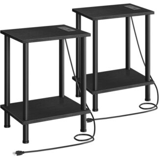 side table with charging station, set of 2 end tables with usb ports and outlets, nightstand with 2-layer storage shelves for small spaces, living room, bedroom, black