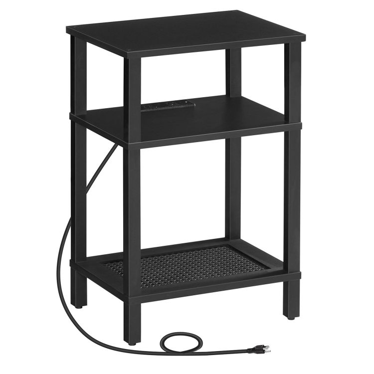Side Table with Charging Station, Set of 2 End Tables with USB Ports and Outlets, 3-Tier Storage Shelves Nightstand, Sofa Table for Bedroom, Living Room, Black