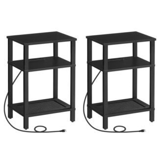 Side Table with Charging Station, Set of 2 End Tables with USB Ports and Outlets, 3-Tier Storage Shelves Nightstand, Sofa Table for Bedroom, Living Room, Black