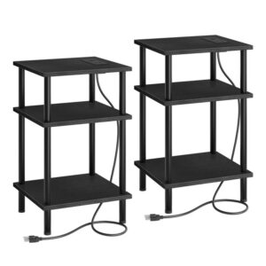 set of 2 side tables with charging station and usb ports, 3-layer stackable nightstand, 23.2 inches end table for small space in bedroom, living room, industrial style, black