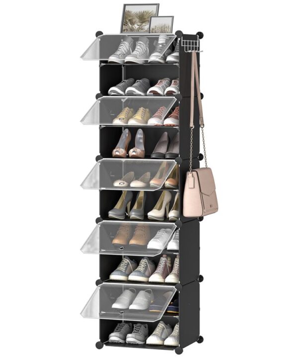 Organizator obuwia, 5 Szafka do przechowywania kostki z drzwiami, trzyma 20 pary butów, 10 piętrowy stojak na buty, Rama stalowa, Panel z tworzywa sztucznego, Łatwy w montażu w celu wejścia, gabinet, korytarz, czarny