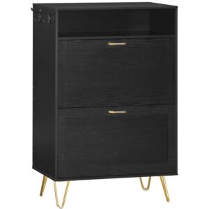 Shoe Cabinet, Shoe Storage Cabinet for Entryway, with 2 Flip Drawers, Hidden Tipping Bucket Shoe Cabinet, Shoe Organizer Cabinet, with Open Shelves and Coat Hooks, Black