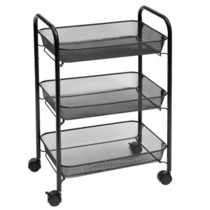 rolling cart, kitchen trolley, multifunction trolley rolling shelf with 3 mesh baskets, bathroom shelf, for kitchen bathroom office with 2 brakes and handles black