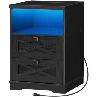Comodino con stazione di ricarica wireless e luci a LED, Tavolino da fattoria con 2 Cassetti e ripiano aperto, Tavolino LED intelligente con wireless e USB per camera da letto, Nero