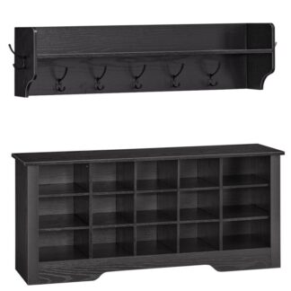 Zestaw ławki do buta z ubraniem, drzewo przedpokój z ławką na buty, 39.4 Cale wejściowe ławka z stojakiem, Szafka do przechowywania obuwia z 15 Cubbies, ławka z błota z regulowanymi półkami, czarny