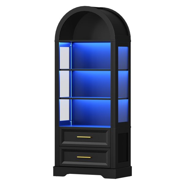 66.9-Inch Tall Arched Bookcase, Wooden Display Cabinet Integrated with LED Lighting, Farmhouse-Style Storage Shelf with 2 Drawers, Open Shelving for Living Room, Office & Bedroom, Black Finish