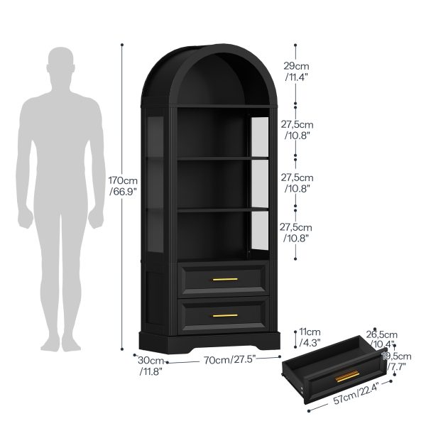 66.9-Inch Tall Arched Bookcase, Wooden Display Cabinet Integrated with LED Lighting, Farmhouse-Style Storage Shelf with 2 Drawers, Open Shelving for Living Room, Office & Bedroom, Black Finish