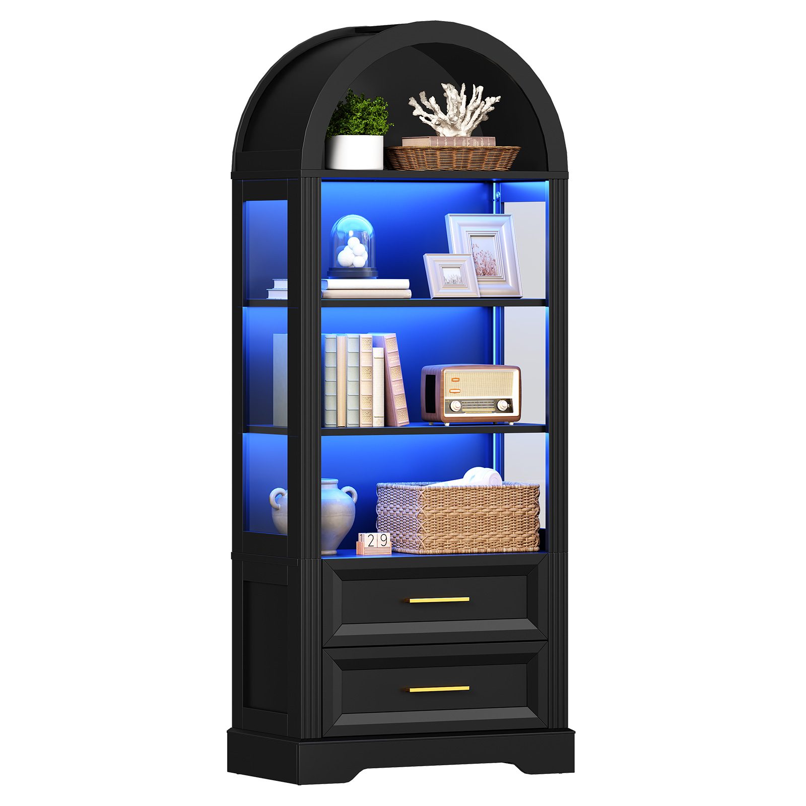 66.9-Inch Tall Arched Bookcase, Wooden Display Cabinet Integrated with LED Lighting, Farmhouse-Style Storage Shelf with 2 Drawers, Open Shelving for Living Room, Office & Bedroom, Black Finish