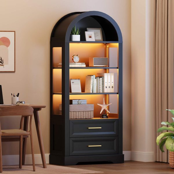 66.9-Inch Tall Arched Bookcase, Wooden Display Cabinet Integrated with LED Lighting, Farmhouse-Style Storage Shelf with 2 Drawers, Open Shelving for Living Room, Office & Bedroom, Black Finish