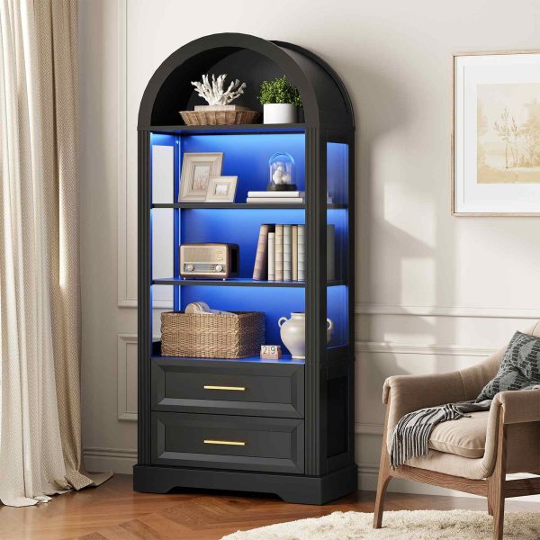 66.9-Inch Tall Arched Bookcase, Wooden Display Cabinet Integrated with LED Lighting, Farmhouse-Style Storage Shelf with 2 Drawers, Open Shelving for Living Room, Office & Bedroom, Black Finish