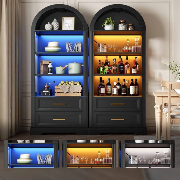 66.9-Inch Tall Arched Bookcase, Wooden Display Cabinet Integrated with LED Lighting, Farmhouse-Style Storage Shelf with 2 Drawers, Open Shelving for Living Room, Office & Bedroom, Black Finish