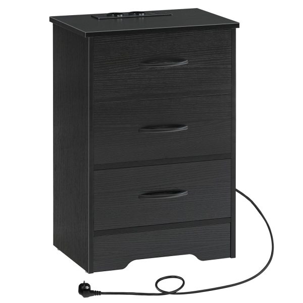 Black Bedside Table with Integrated Charging Station, Slim Side Table with 3 Szuflady z włókniny, 2 Gniazda, 1 USB-A & 1 Type-C Port for Living Room and Bedroom